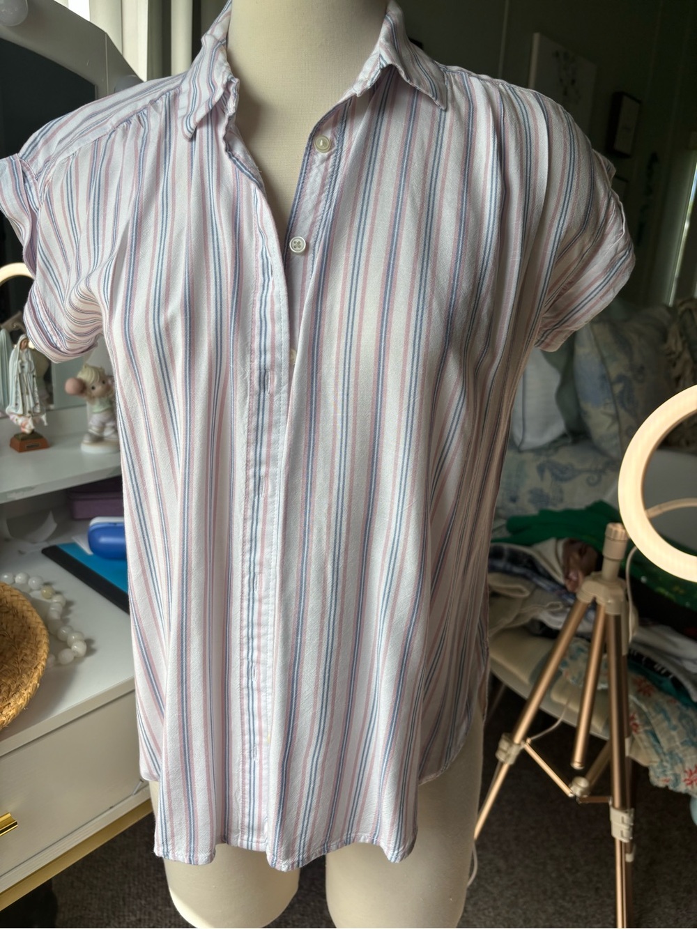 LOFT Womens Short Sleeve Button Down Stripe Shirt White Pastel XS RN140923